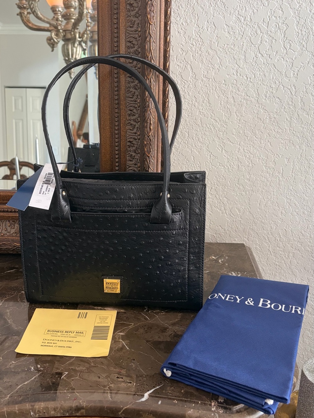 NWT Dooney & Bourke Janine Black Leather Ostrich Satchel Shoulder Purse - Picture 13 of 16